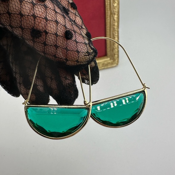 Anthropologie Crescent Elegant Gold Green Hoop Earrings - Picture 7 of 11